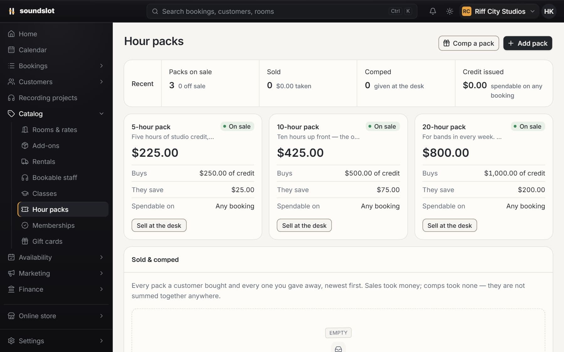 Hour packs & gift cards in Soundslot