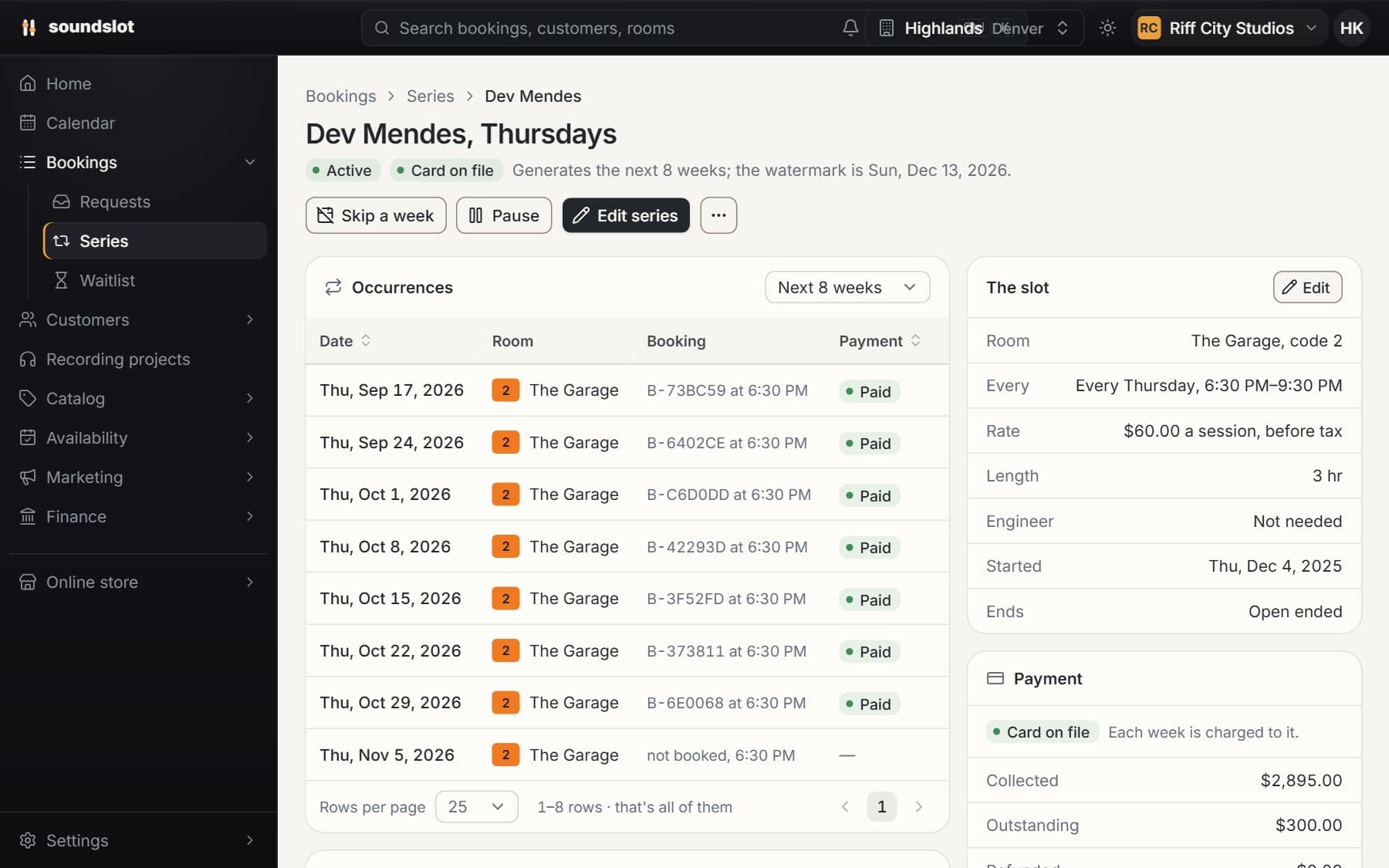 Recurring weekly bookings: Manage payments and exceptions