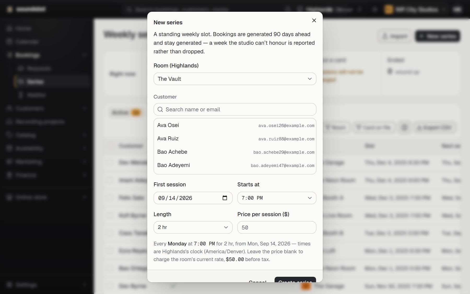 Recurring weekly bookings: Create the series