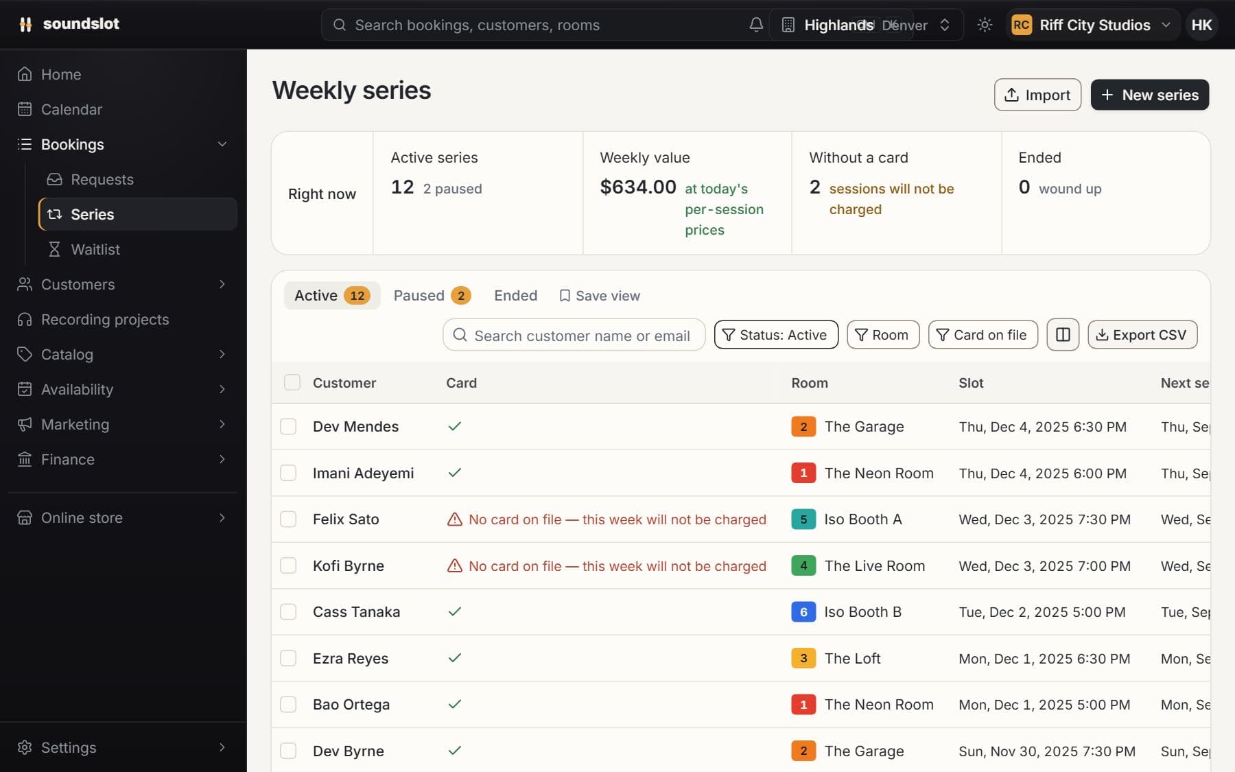 Recurring weekly bookings: Review generated sessions