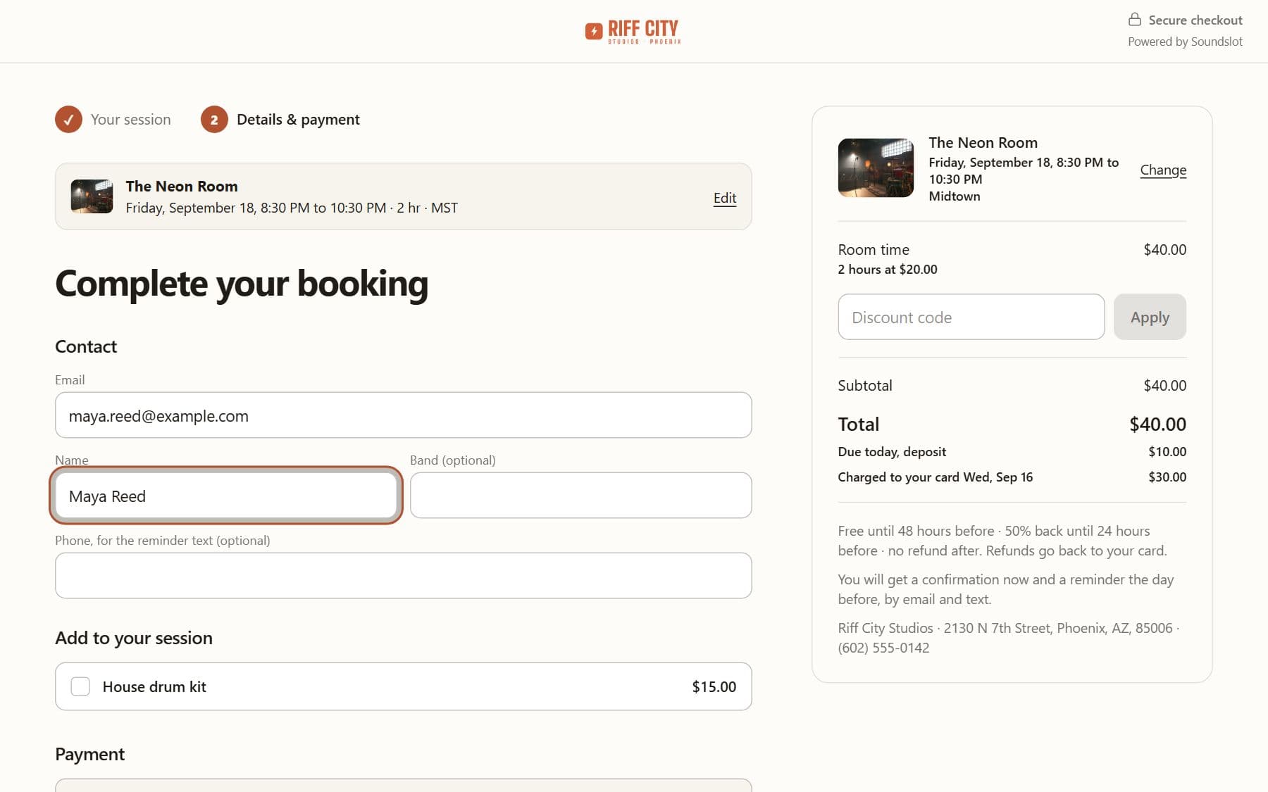 Online booking checkout: Review and pay