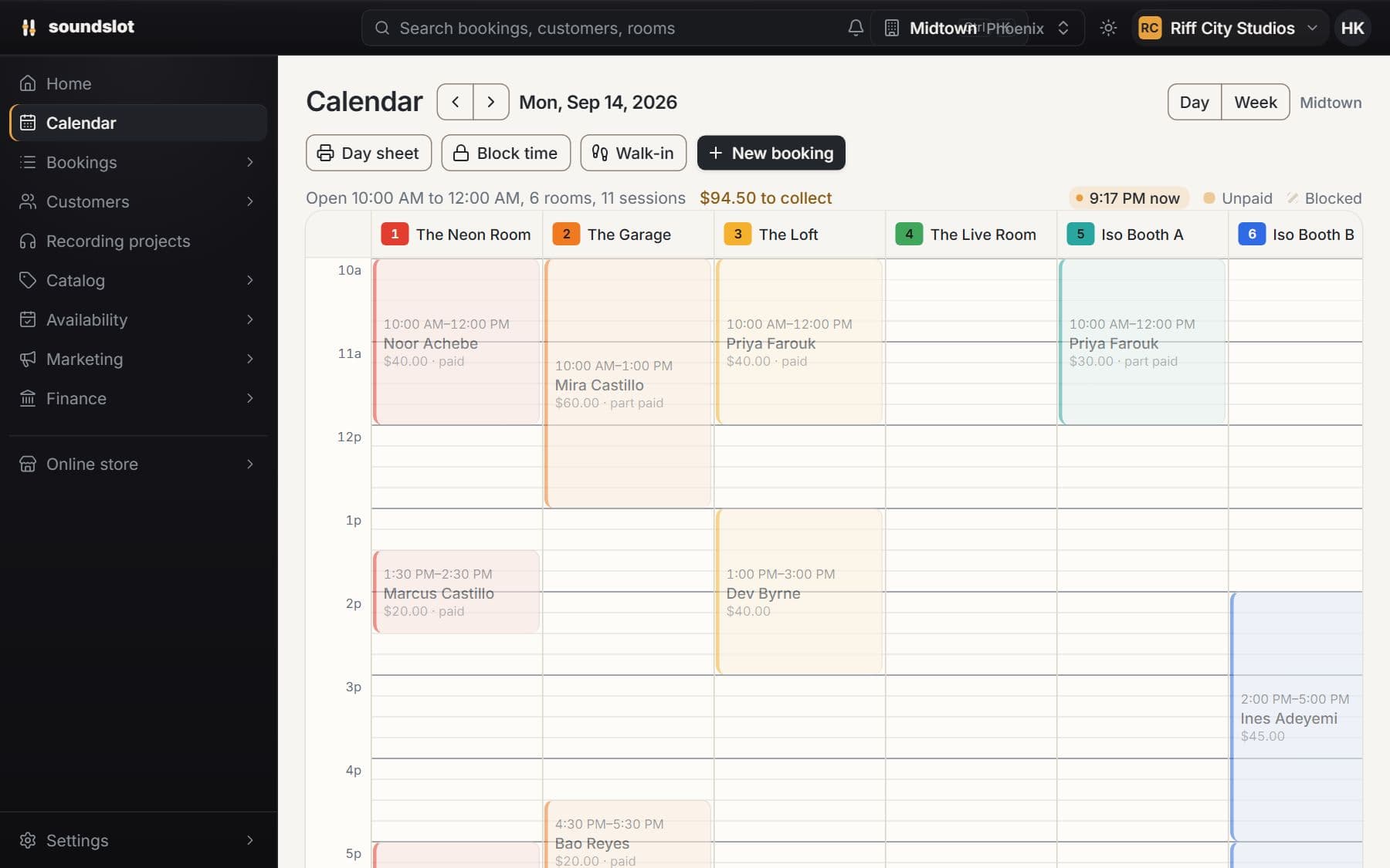 Booking calendar in Soundslot