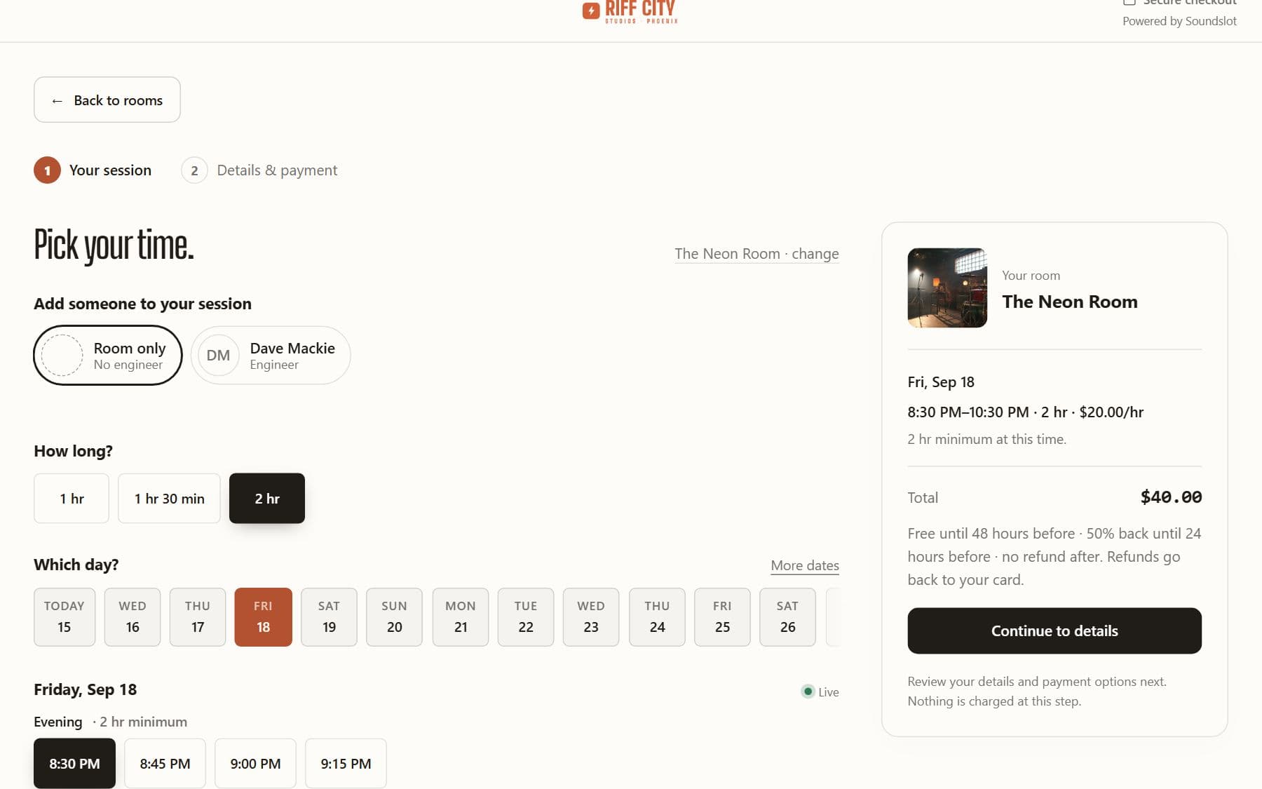 Online booking checkout in Soundslot